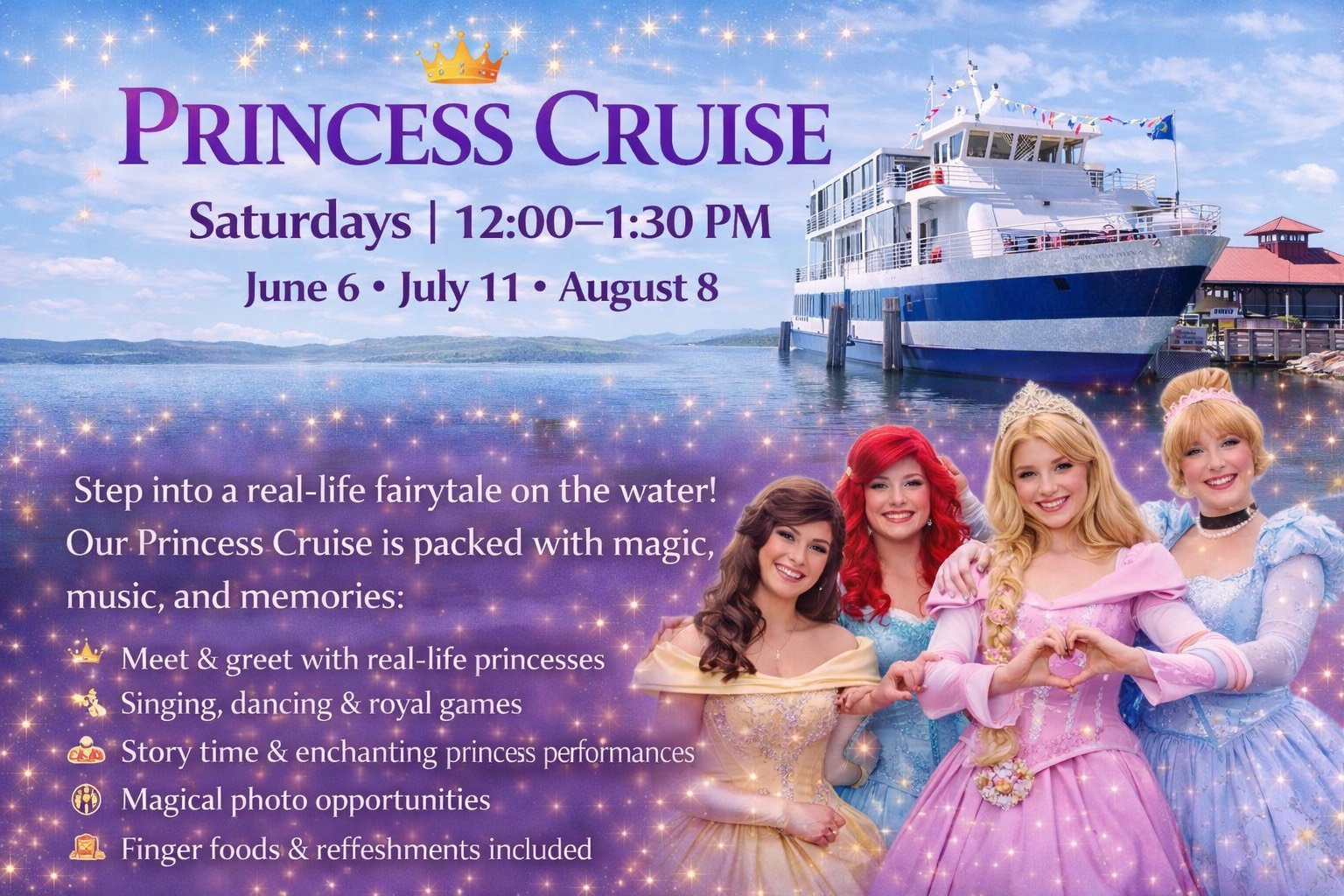 Princess Cruise event flyer with dates and princesses in front of a docked ship.