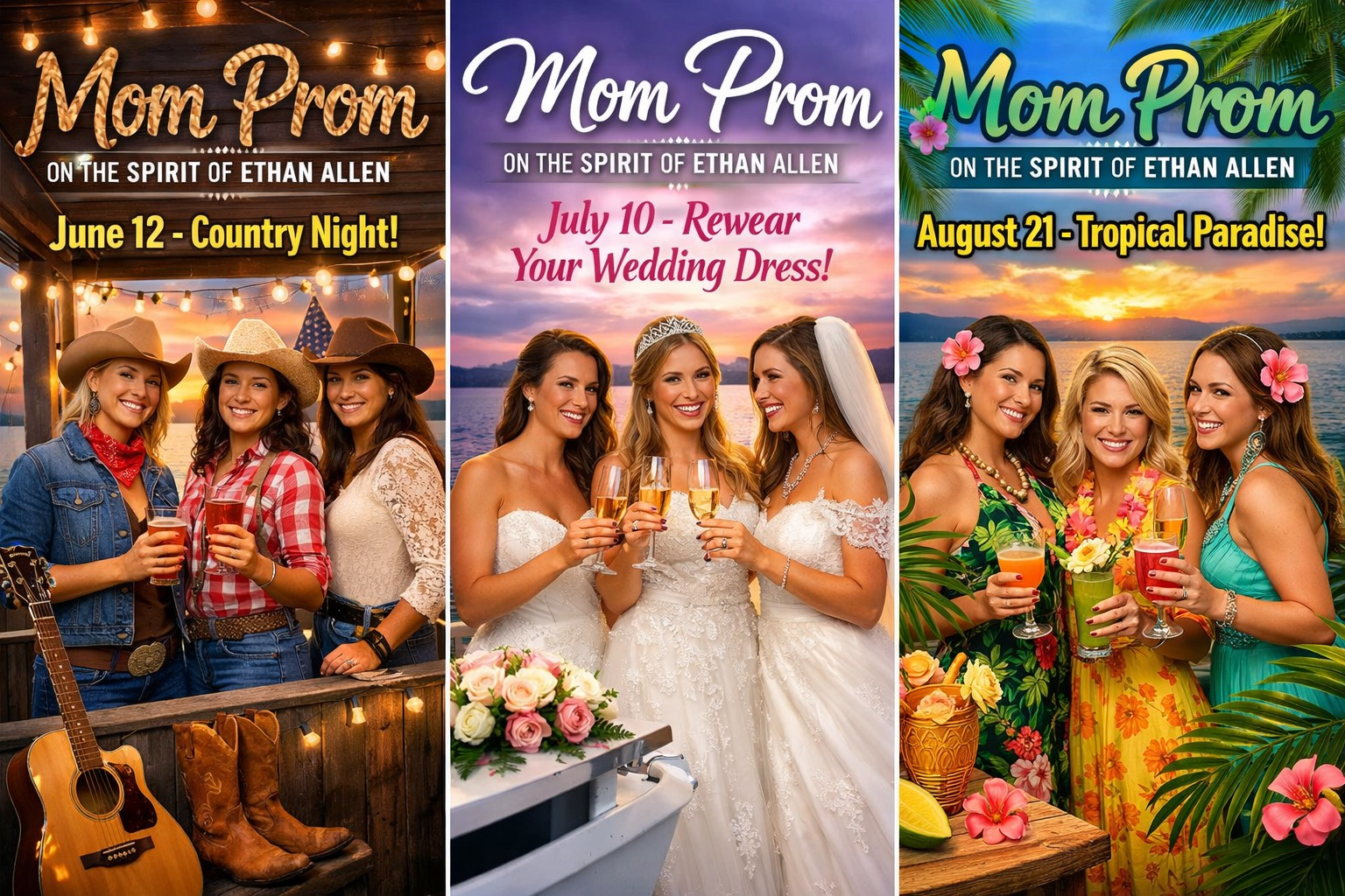 Mom Prom themes: Country Night, Wedding Dress, Tropical Paradise on Spirit of Ethan Allen.