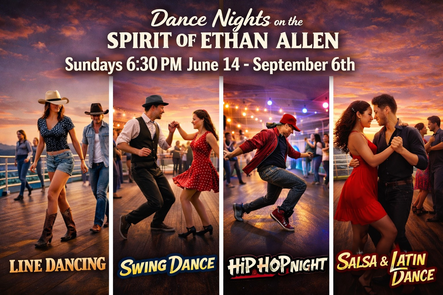 Four dance styles featured on a sunset cruise: line, swing, hip hop, and salsa.